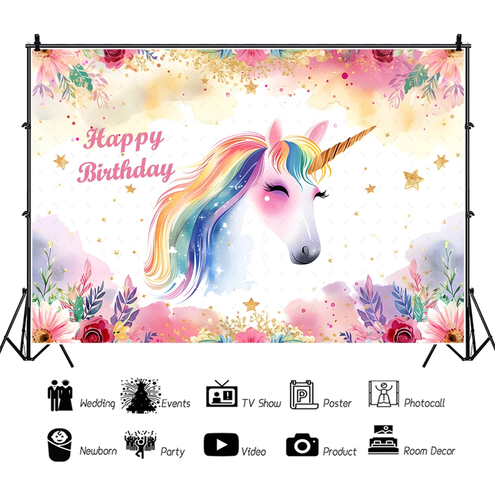 Unicorn Backdrop Rainbow Clouds Stars Glisten Child Birthday Party Decor Newborn Baby Shower Photo Custom Background Banner