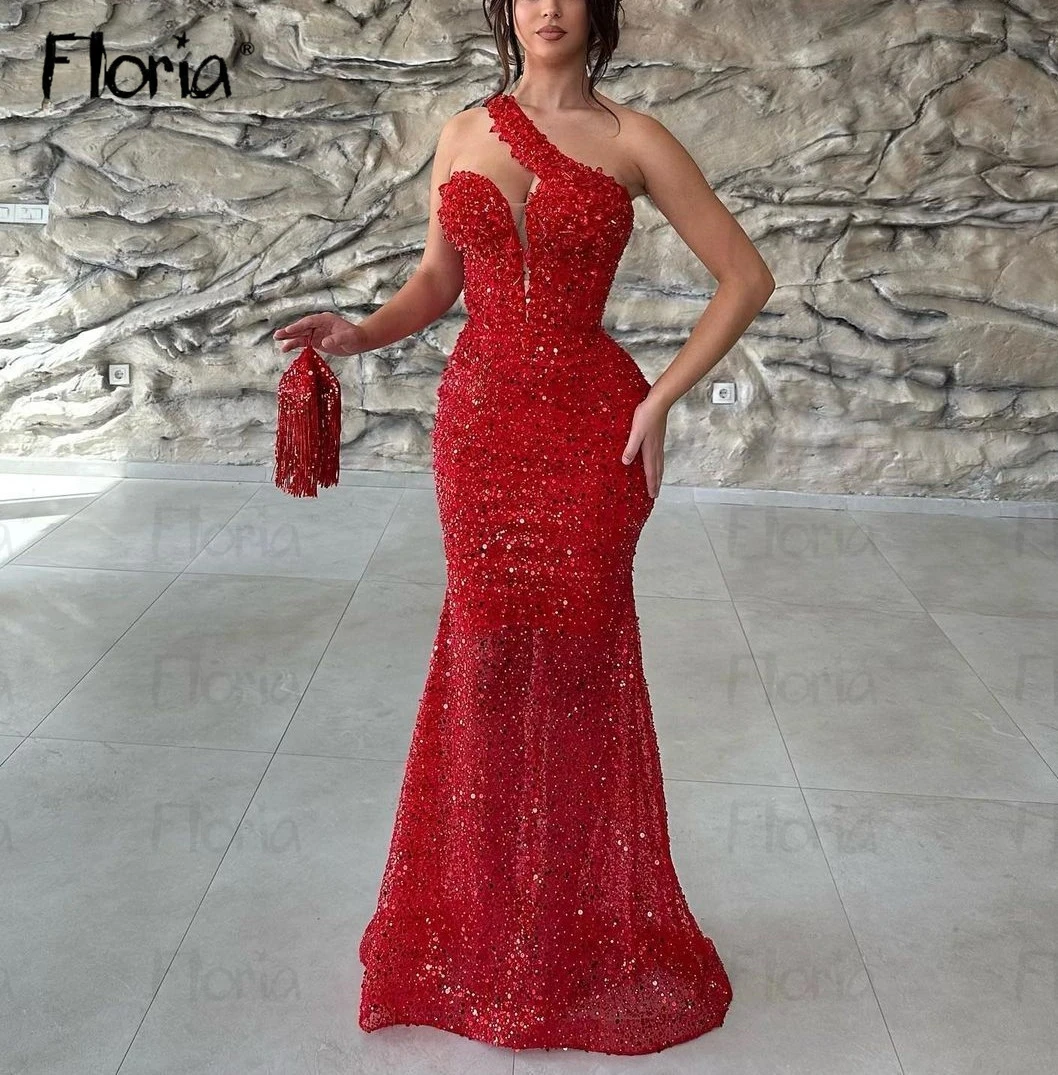 Red New Year Party Dress Shiny Beaded Sequins Long Celebrity Dresses Dubai Engagement Party Dress Custom Made Ceremony Gown