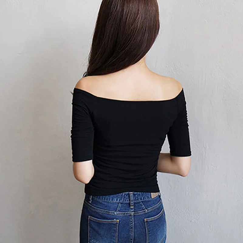 Hot Women Autumn T-shirts Half Sleeves Off Shoulder Pullover Slim Fit Casual solid color Tops Spring Summer Versatile Undershirt