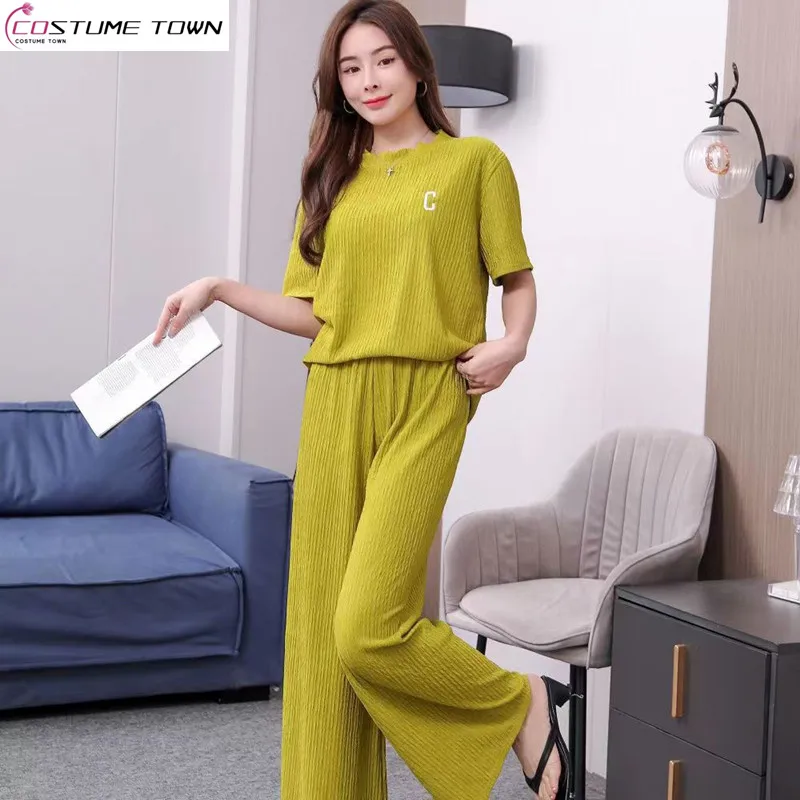 

Spring and summer new letter embroidery ice silk home clothes casual loose pants two-piece set
