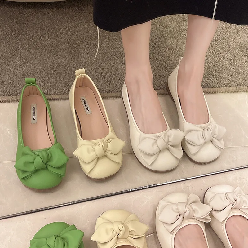 2024 Bowknot Ballet Shoes Women\'s Summer Breathable Loafers Green Flats Moccasin Woman Shallow Slip On Shoes Ladies Mocasines