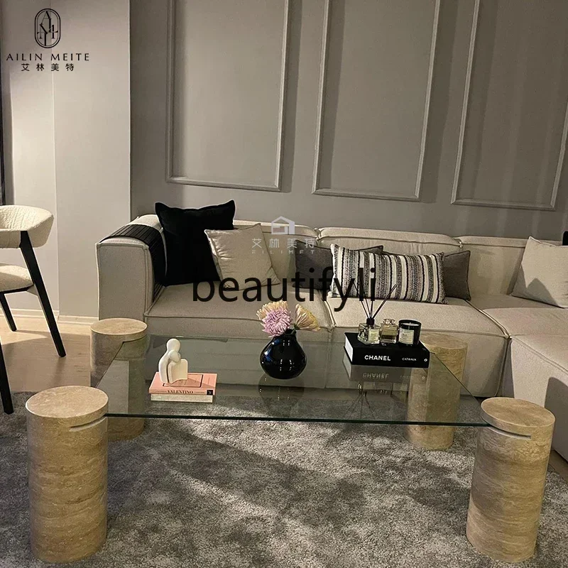 182Q طاولة قهوة من حجر الكهف الروماني الطبيعي من الزجاج المقسى مصممة لغرفة المعيشة طاولة قهوة راقية #4