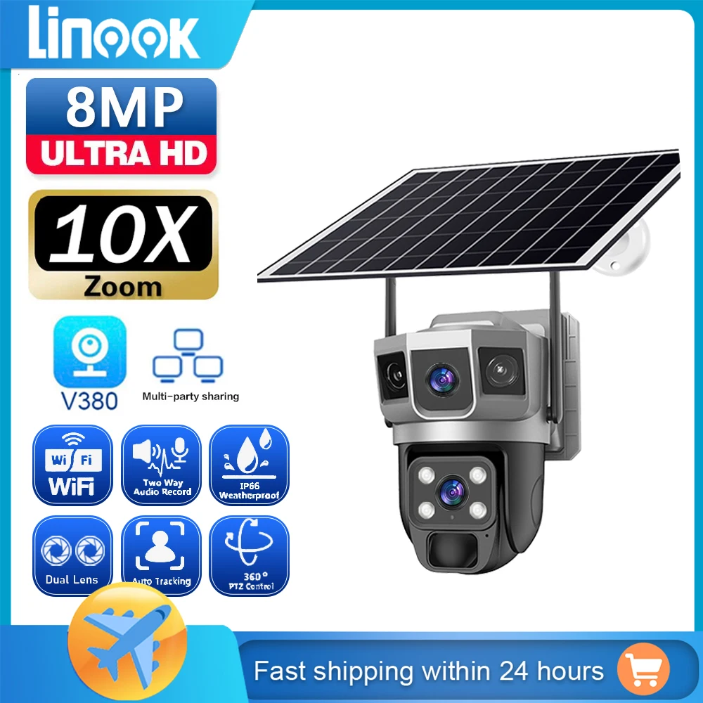 Linook V380, 듀얼 렌즈, 4K,10X, 야외 보안 카메라, 폐쇄 회로 텔레비전, 4G SIM 카드 카메라, 무선 와이파이 태양광 카메라 