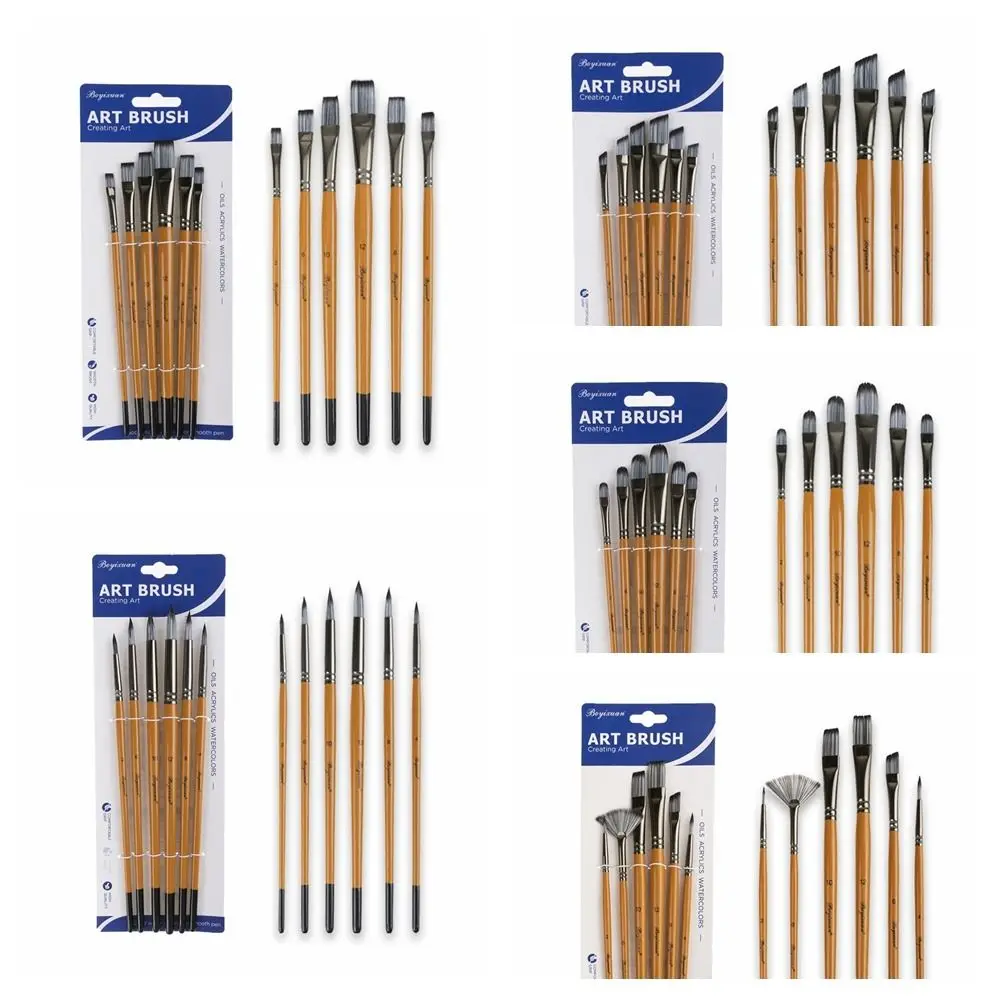 6pcs Artists Paint Brush Set Wood Watercolor Oil Round Pointed Nylon Tip Hair Multifunction Hook Line Pointed Pen Drawing Tool