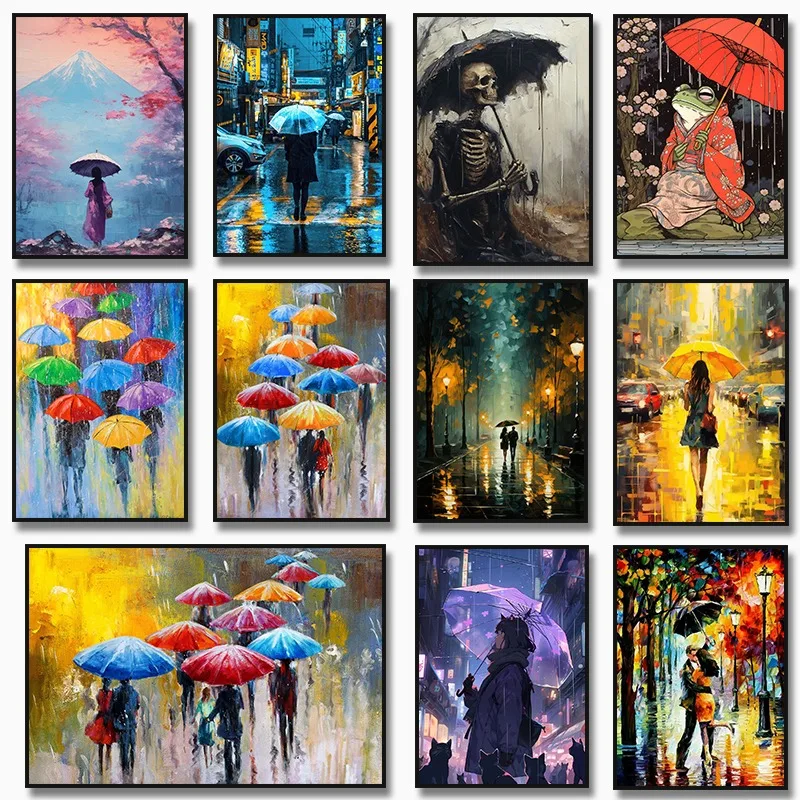 Modern Colorful Umbrella Landscape Anime Frog Skull Girl Holding An Umbrella Canvas Painting Prints Posters Wall Art Room Decor