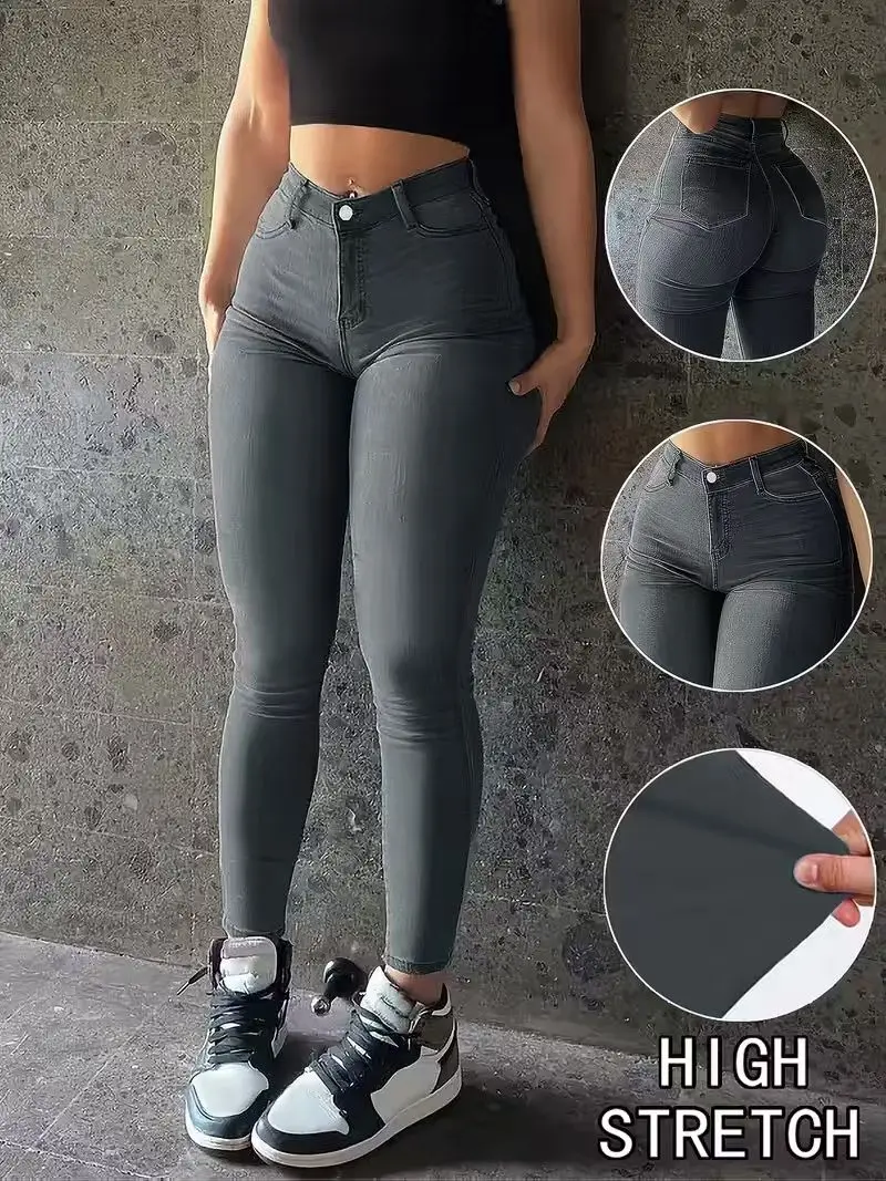 Black and gray high-waisted skinny jeans for women, stretch-fitting pencil pants, vintage distressed tight-fitting denim pants