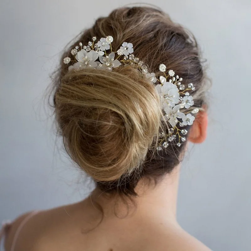 حساسة زهرة الزفاف الذهب الشعر مشط اللؤلؤ والمجوهرات اليدوية الزفاف خوذة النساء الزفاف حفلة موسيقية إكسسوارات الشعر #3