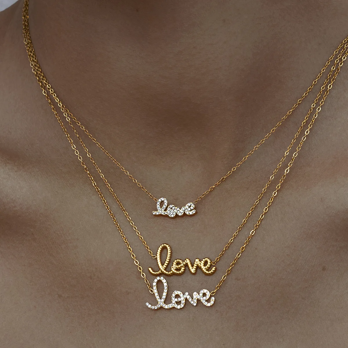 18K Gold Cursive Love Script Necklace,Waterproof Non-Fading Stainless Steel,Dainty Pave CZ Crystal Clavicle Chain Gift