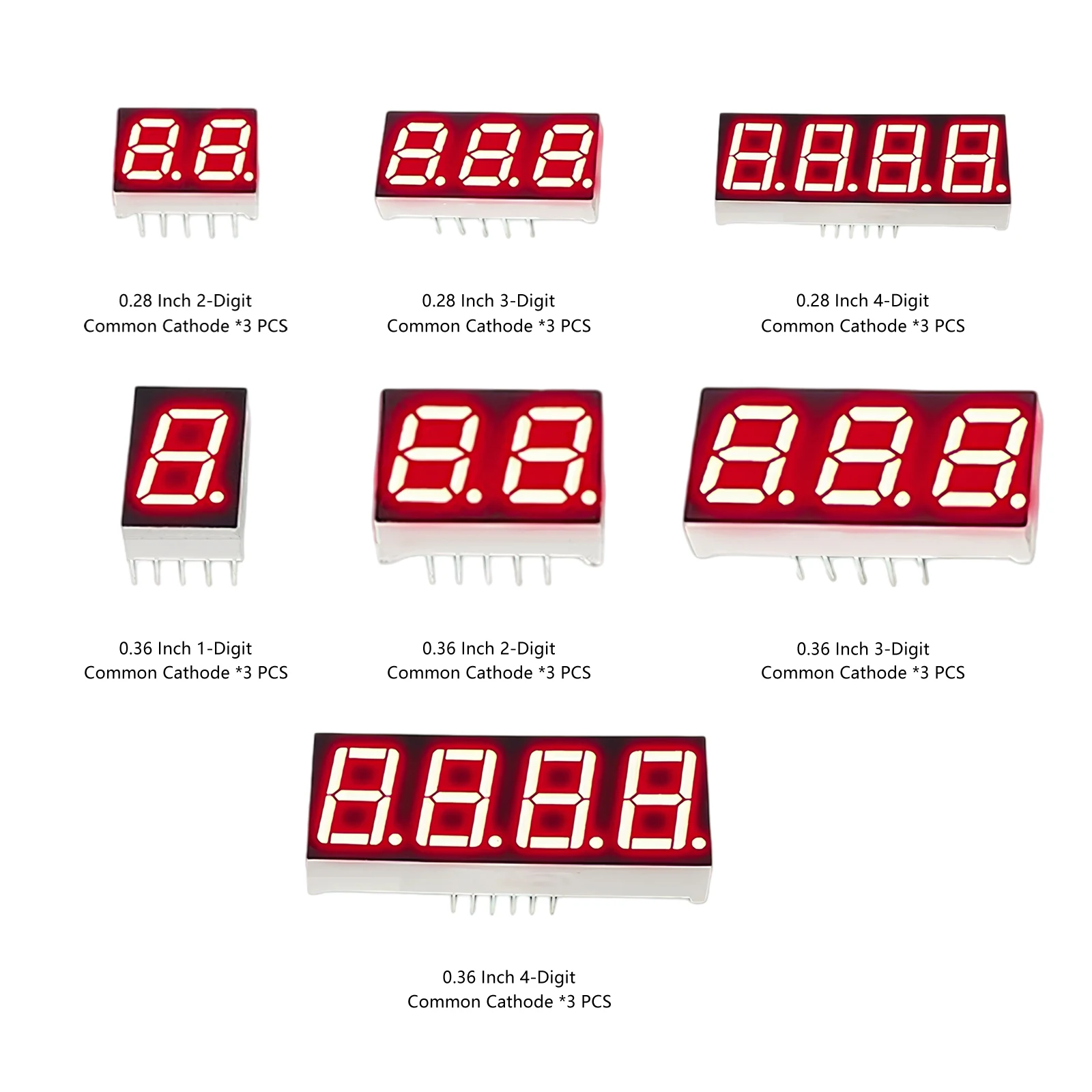 7 Values 0.28 0.36 inch Common Cathode LED Digital Tube Kit 1/2/3/4 bits bit Red 7 Segment Display Digit Total 21 Pcs