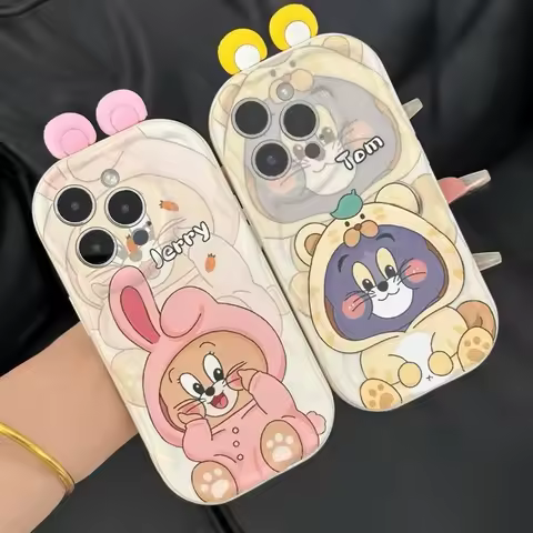 Tom And Jerry Cute 3D Ears Phone Case For Samsung Galaxy S25 S24 S23 S22 Ultra Plus S21 S20 FE A55 A15 A54 A34 A53 A35 A14 A32