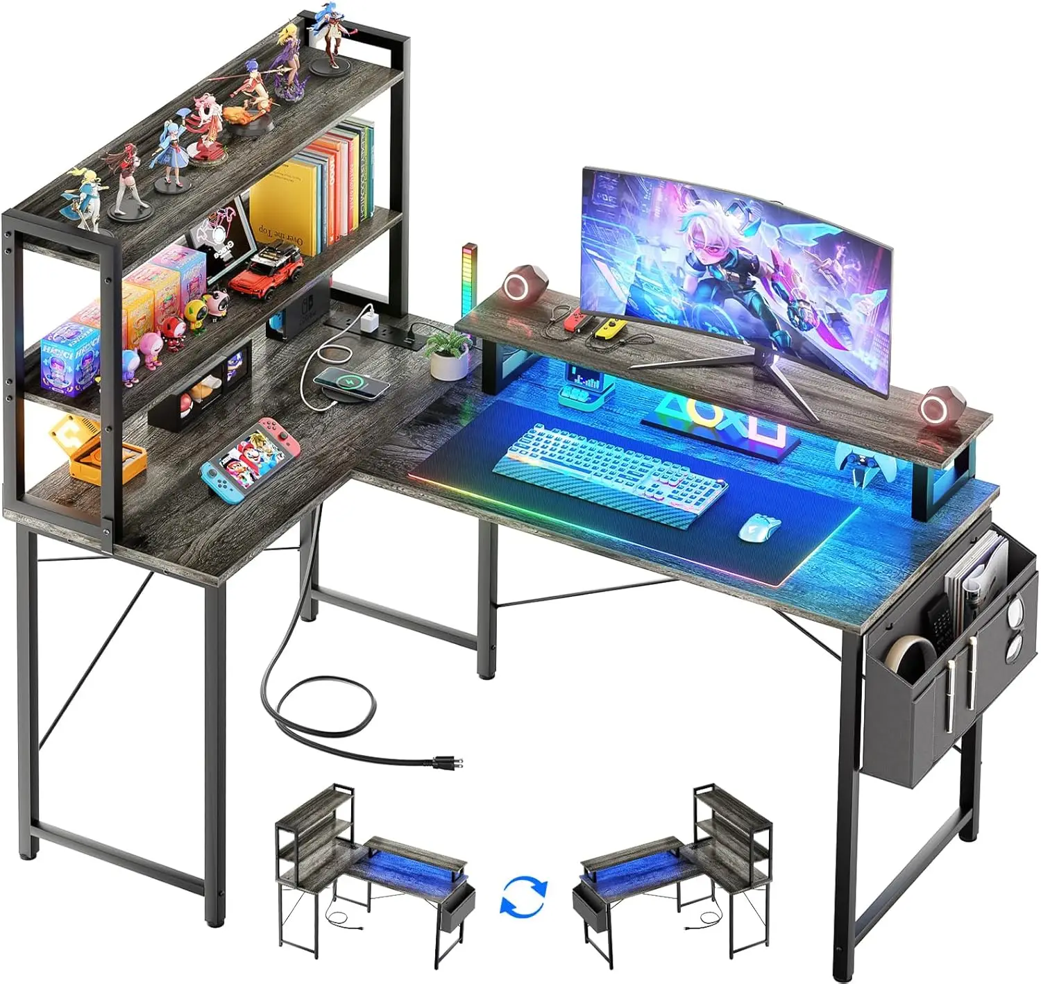 L Shaped Computer Desk with Bookshelf,47 Inch Reversible Corner Gaming Desk with Charging Station & Led Light,Black Oak