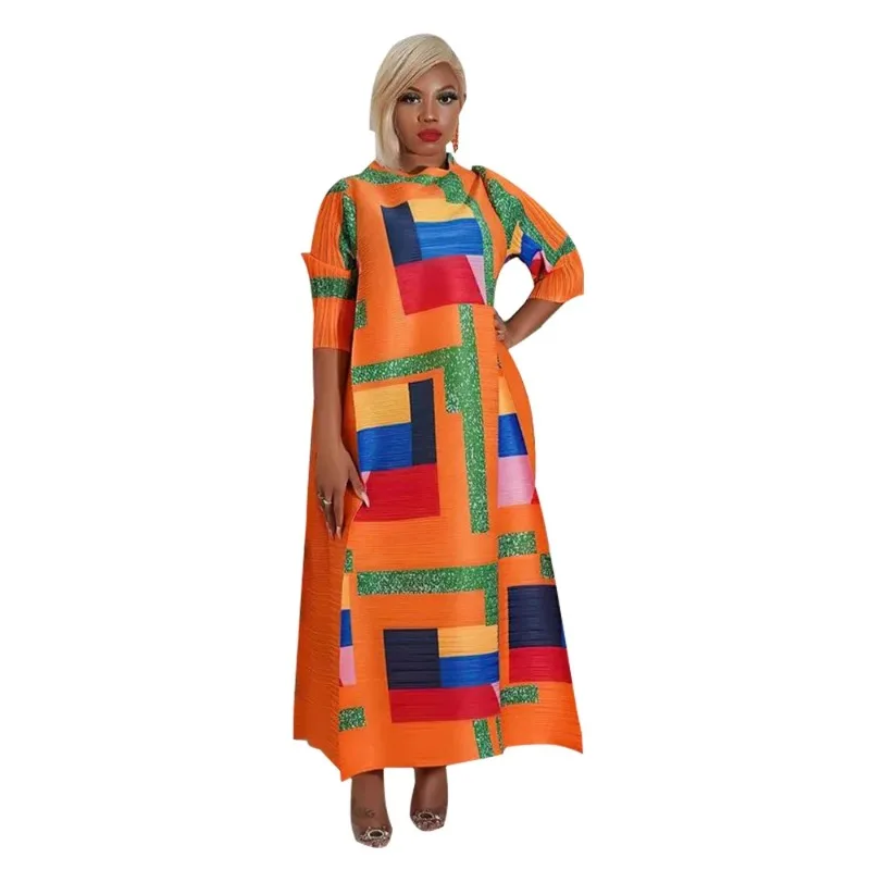 

Women's Color Matching Dress, Autumn and Winter New Fashion Print Pleats, Medium Length, Loose Length Skirt