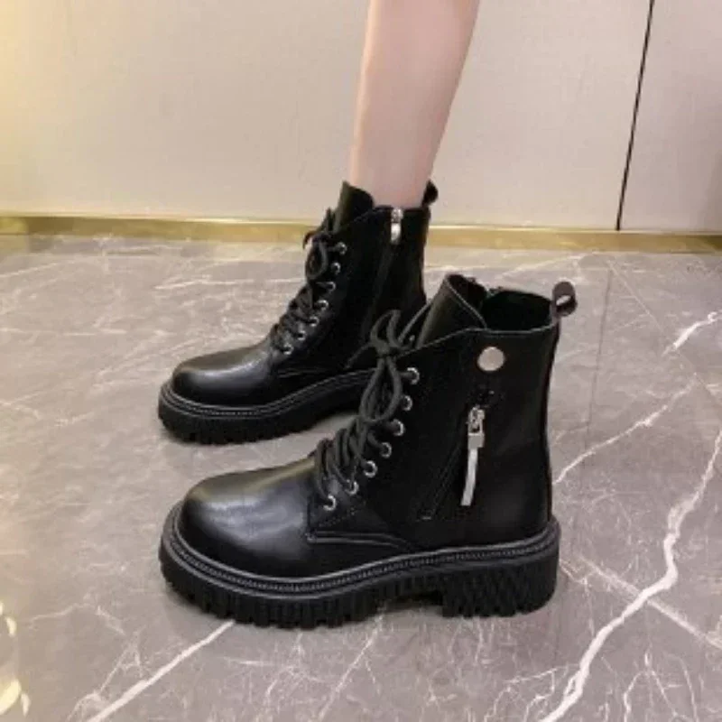 Women's Shoes 2024 Hot Sale Lace Up Women's Boots Autumn Round Toe Solid Short Barrel Platform Fashion Korean Style Naked Boots