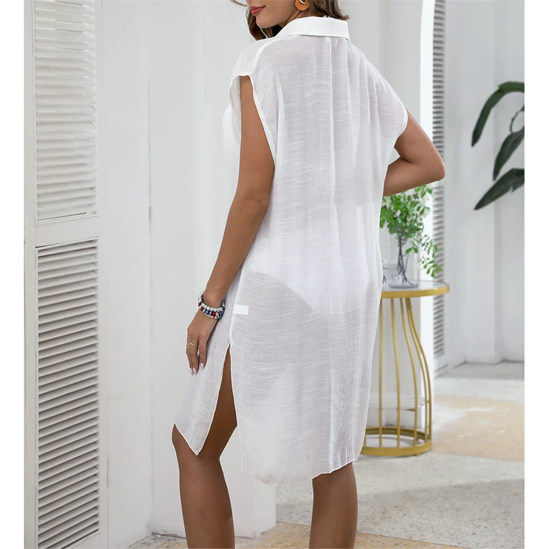 Neues weißes Hemd, kurzärmelig, langes Oberteil, Bluse, Tunika, Strandkleid, Strandmode, Strandbekleidung, Strandüberwurf, Damen, V6330 – Detail 10