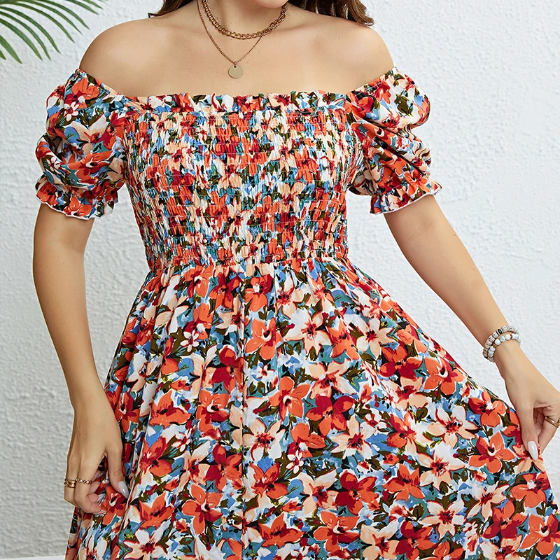 

Plus Size Floral Print Women's Summer Square Neck Puff Sleeve Long Dress Large Size Vacation Boho Beach Sundress Maxi Dresses