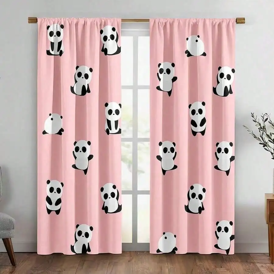 Pink Panda Curtain, Cute Cartoon Animal Print Blackout Curtains, Girls Room Decor, Nursery Window Drapes, 2 Panels