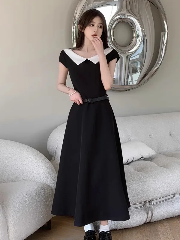 Emagrecer A-Line Dr com cintura plissada e gola em cores contrastantes para mulheres verão coreano Sle Commute ort Sve Lon...