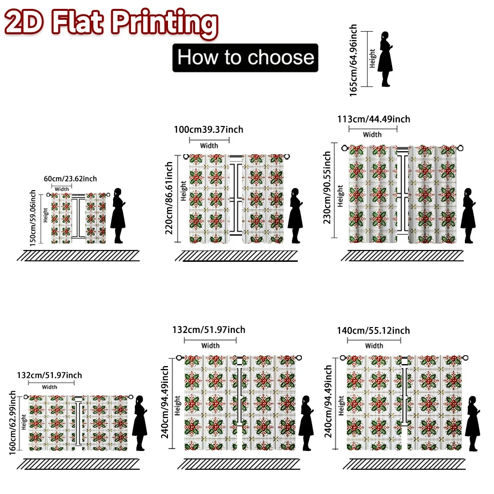 2D flat printing 2pcs Stylish Christmas Curtains Christmas Holly Snowflake Pattern Digitally printed polyester, durable Birthday