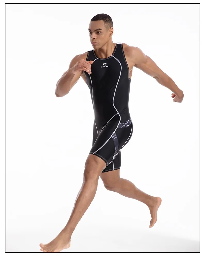 Schwarzer einteiliger Badeanzug, knielang, Renn-Badeanzug, männliches Schwimmoutfit, HXBY, für Männer und Frauen, professionelle sportliche Badebekleidung – Detail 9