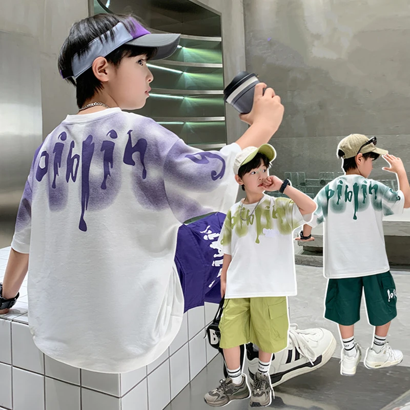 

Hot Sale Boys Summer Fashion Cotton 2Pcs Short Sleeve T-shirts + Shorts Suits 5-14 Years Kids Casual Outfits Child Clothes Sets