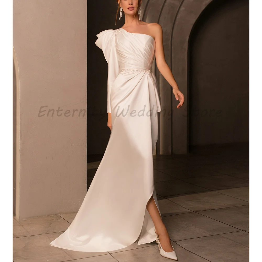 White Satin One Shoulder Wedding Dress Long Sleeve Beaded Waist Draped High Slit Mermaid Bridal Gown With Train