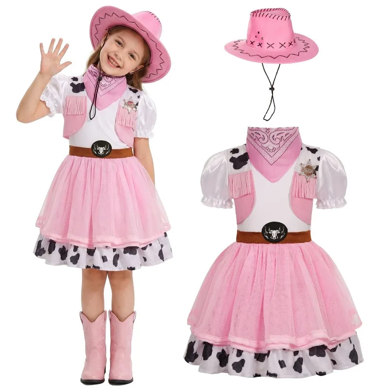 

Western Cowboy Dress Princess Dresss with Hat Full Set School Stage Performance Outfits for Women Halloween Carnival Party
