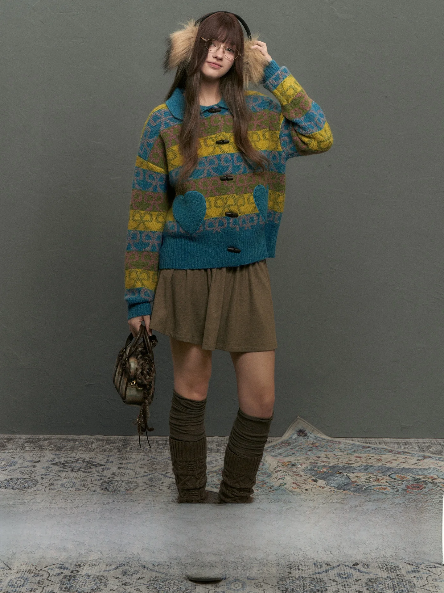 

NECY Original Color Blo Knot Knitted Sweater Autumn Winter Heart Design Button up Warm Top Sweet Sle Loose Fit