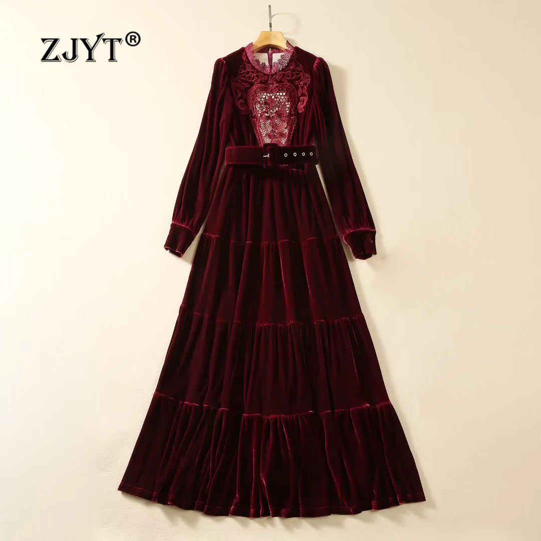 

ZJYT Autumn Winter Hollow Embroidery Velvet Dresses for Women 2024 Elegant Long Sleeve Evening Party Dress Vestidos Para Mujer