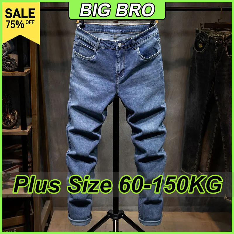 

Plus Size Men's Jeans Casual Harlan Pants Spring Autumn Blue Slim Fit Button Long Trousers Thin Denim Fabric Male Clothing 150KG