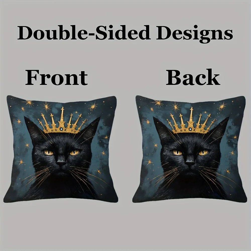 1pc Vintage Black Cat Pillowcase - Golden Crown & Stars, 18x18 Inches, Soft Short Plush, Double-Sided,Hand Wash,Sofa & Bed Decor