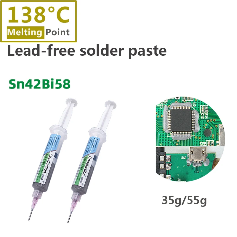 

35/55g Low Temperature Lead-free Syringe Solder Paste Melting Point 138 Flux For Soldering Sn42Bi58 SMD LED Repair Welding Paste