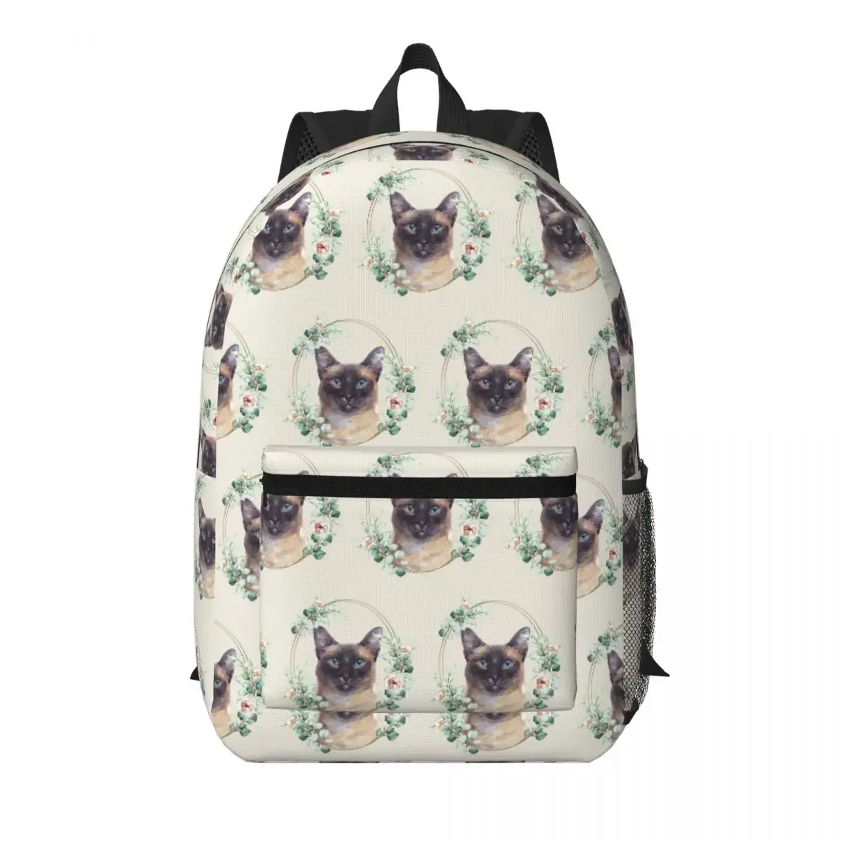 Siamese Cat In Beautiful Floral Student Backpack School Bag Hiking Travel Daypack for Men Women Bookbag Shoulder Bags