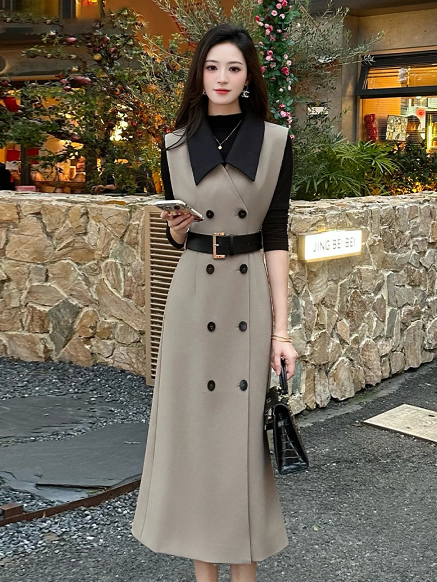 Elegant Double-Row Button Contrast Color Lapel Suit Vest Dress High Waist Commute Style Long Sleeve Polyester Fiber Women's D...