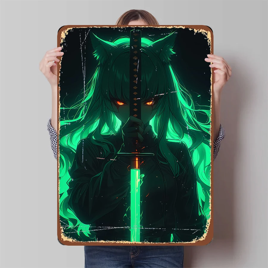 Neon Phantom Cat Ear Samurai Girl Metal Poster Cyberpunk Glowing Katana Anime Decorative Wall Art