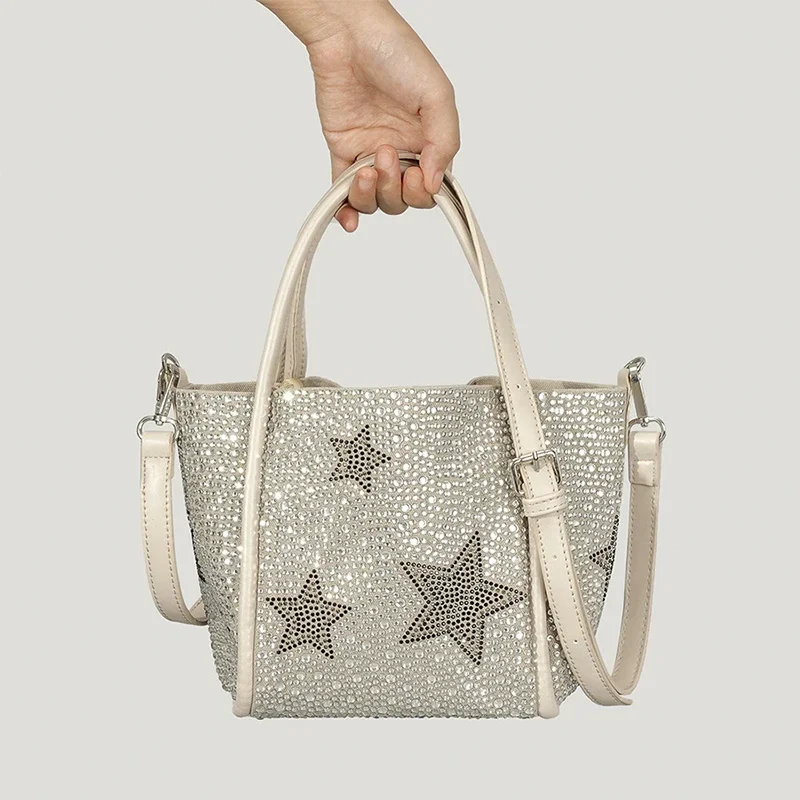

Autumn Winter Star Design Large Capacity Shopping Handbag Fashion Simple Diamond Inlaid Totebag Women's Shoulder Crossbody Bag