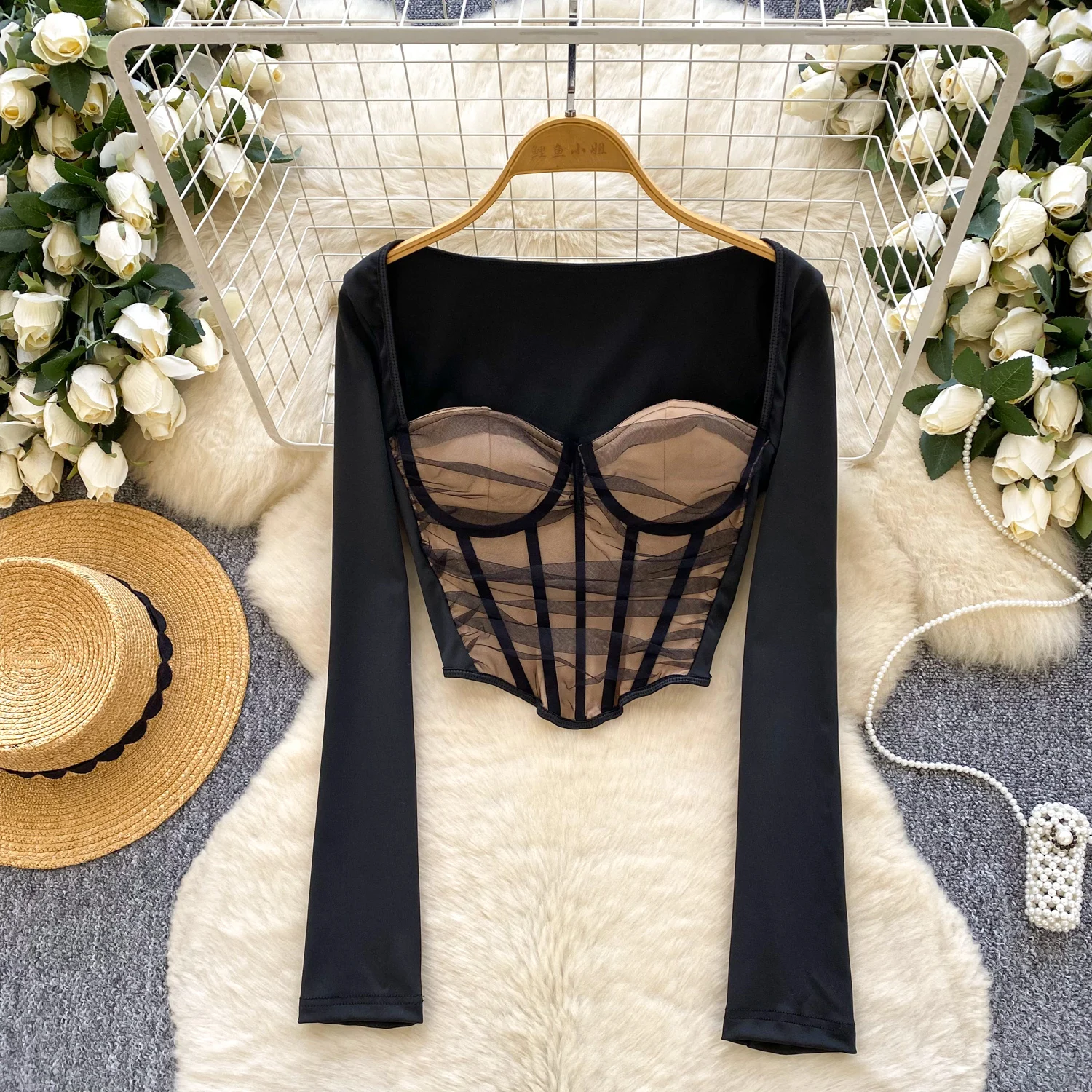 

Chic Elegant long sleeve square neck mesh Spliced blouse Vintage Autumn korean fashion Women Clothing