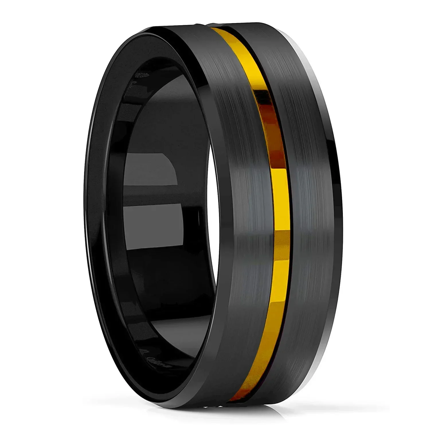 Fashion Men's 8mm Black Tungsten Wedding Rings Red Gold Groove Beveled Edge Brick Pattern Brushed Stainless Steel Rings For Men