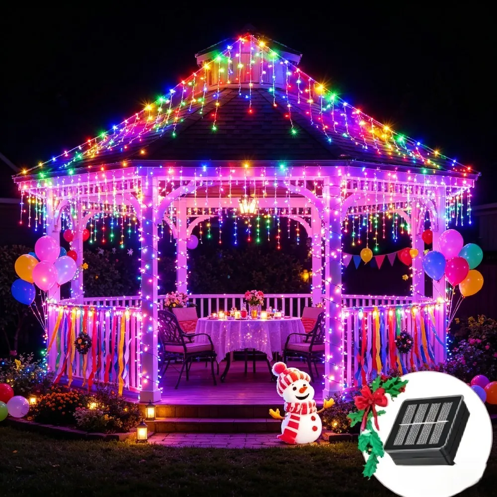 96 LED Solar Curtain Icicle Light Outdoor Eaves Decor String Lights for Garden Party Yard Christmas Holiday Garlands Decoration
