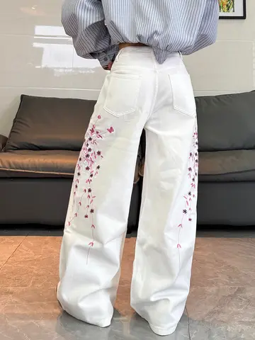 American High-Street Floral Embroidery Design White Women's Loose Wide-Leg Jeans Vintage Y2K Street Trend Versatile Long Pants