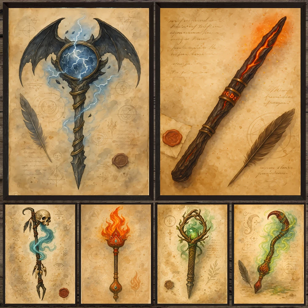 Magical Wizard Staff Abstract Wall Art Canvas Painting,The Source Of Wizard Power Gothic Art Poster Print,Witch Home Decoration