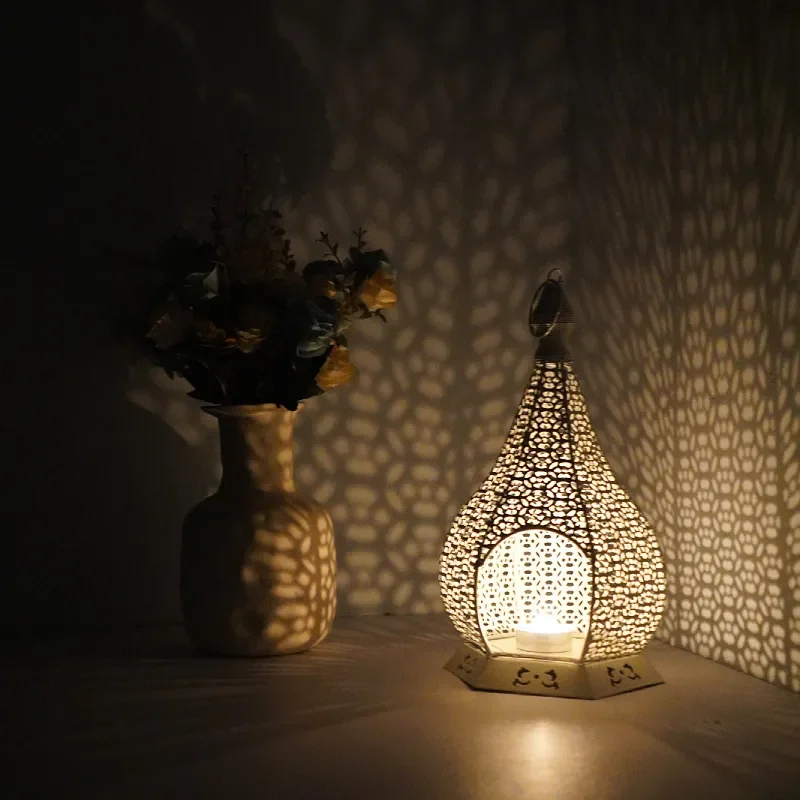 for Moroccan Style Wrought Iron Hollow Candlestick Lamp Handicraft Home Bedroom Bedside Ornament Hotel Decoration