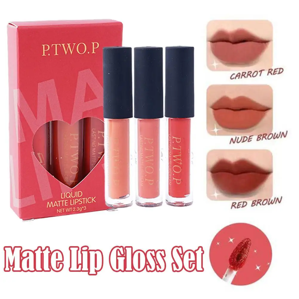 P.two.p 3pc Long Lasting Liquid Matte Lip Gloss Liquid Red Makeup Lip Waterproof Nonstick Lip Gloss Lipstick Beauty Cup F4v5