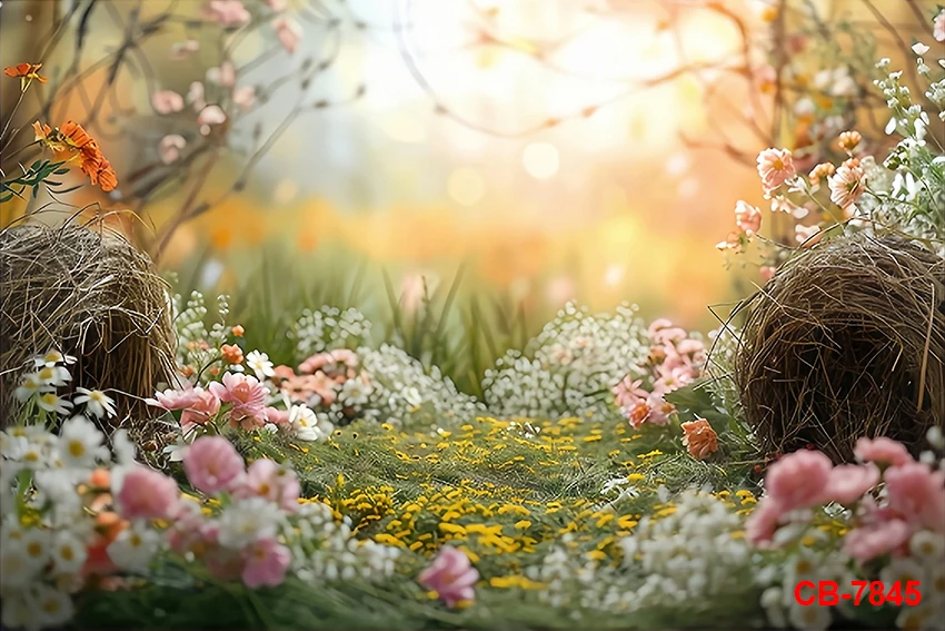 Spring Easter Backdrop Sunny Day Meadow Flowers Colorful Eggs Photography Background for Kids Children Baby Shower Birthday