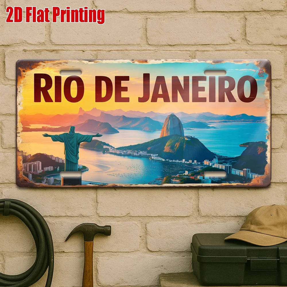 Christ the Redeemer & Sugarloaf Mountain Rio de Janeiro Vintage Aluminum License Plate Sign, Retro Travel Themed Wall Decor