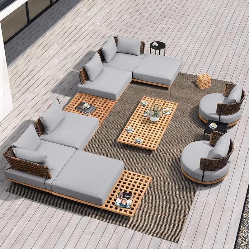 Outdoor Garden Sofa Combination Nordic Villa Hotel Garden Furniture Solid Wood Waterproof Sunscreen Rattan Teak Sofa