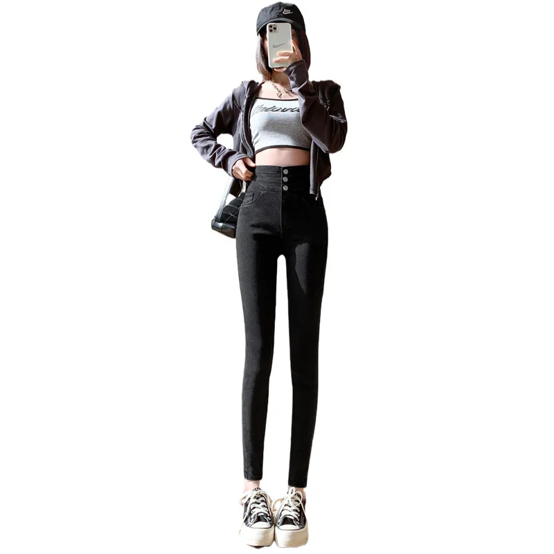 Spring Summer Outwearing Leggings Women High Waist Stretchy Belly Gathering Pencil Pants Black Buttoned Magic Pants Body Shaping