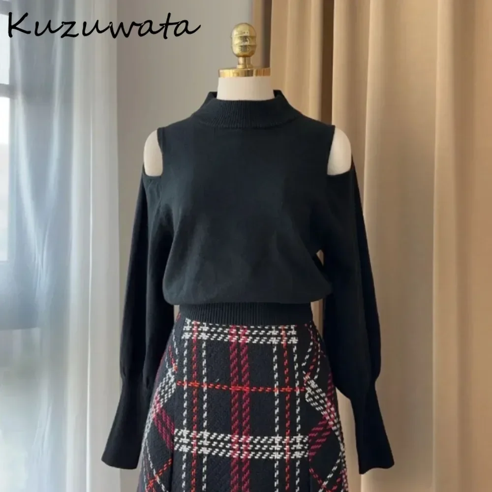 Kuzuwata All-match Literary Half-high Collar Women Clothing Off Shoulder Wool Knit Jumper Japan Harajuku New Moda Fresh Sweaters