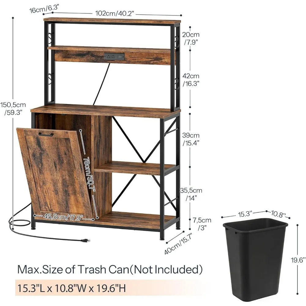Baking Rack, Microwave Rack with Trash Can Cabinet, 5-tier Kitchen Storage Cabinet with Power Outlet, Tall Coffee Bar Table