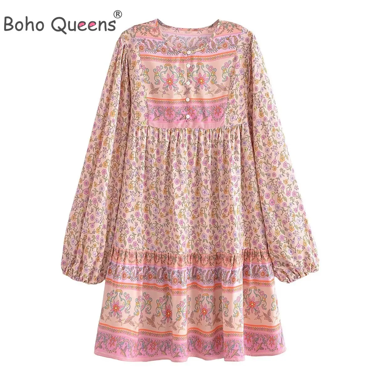 Boho Queens Women Pink Floral Print Beach Bohemian Dresses Mini Dresses Kaftan Lady Summer Rayon Happie Dress Robe Vestidos