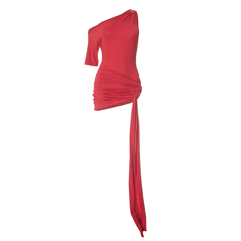 فستان قصير غير متماثل بكتف واحد مكشكش ثنيات فساتين حمراء مثيرة لملابس نادي حفلات أعياد الميلاد النسائية #5